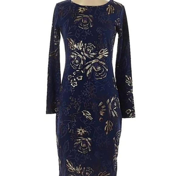 Lularoe Elegant Debbie Gold Metallic Floral Print Pencil Sheath Dress Blue Small - Picture 9 of 10